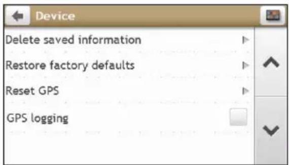 Device Delete saved information Restore factory defaults Reset GPS GPS logging