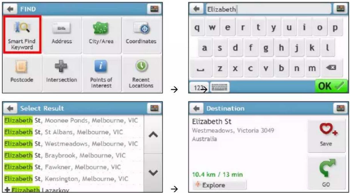 FIND Smart Find Keyword Address City/Area Coordinates Postcode Intersection Points of Interest Recent Locations Elizabeth q w e r t y u i o p a s d f g h j k l z x c v b n m 123 OK Select Result Elizabeth St, Moonee Ponds, Melbourne, VIC Elizabeth St, St Albans, Melbourne, VIC Elizabeth St, Westmeadows, Melbourne, VIC Elizabeth St, Braybrook, Melbourne, VIC Elizabeth St, Fawkner, Melbourne, VIC Elizabeth St, Kensington, Melbourne, VIC + Elizabeth Lazarkov Destination Elizabeth St Westmeadows, Victoria 3049 Australia Save 10.4 km / 13 min Explore GO
