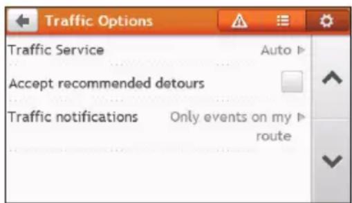 Traffic Options Traffic Service Auto ▶ Accept recommended detours Traffic notifications Only events on my route