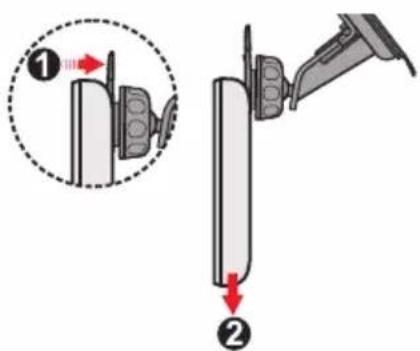 Diagram showing two mechanical assembly steps with labeled arrows and a magnified inset of a component detail