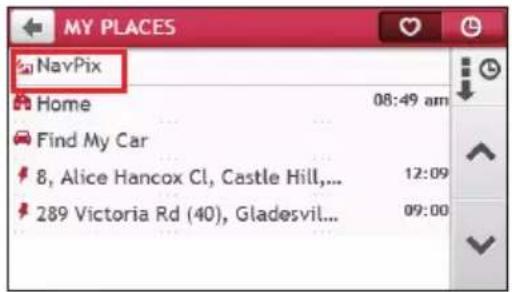 MY PLACES NavPix Home 08:49 am Find My Car 8, Alice Hancox Cl, Castle Hill,... 12:09 289 Victoria Rd (40), Gladesvil... 09:00