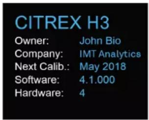 CITREX H3 Owner: John Bio Company: IMT Analytics Next Calib.: May 2018 Software: 4.1.000 Hardware: 4