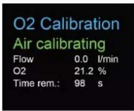 O2 Calibration Air calibrating Flow 0.0 l/min O2 21.2 % Time rem.: 98 s
