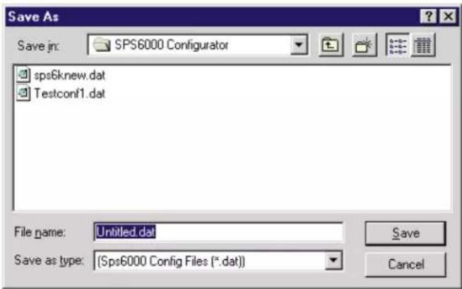 Save As Save jn: SPS6000 Configurator sps6knew.dat Testconf1.dat File name: Untitled.dat Save as type: (Sps6000 Config Files (*.dat)) Save Cancel