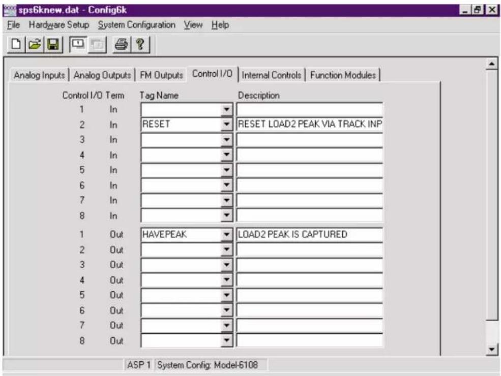 sps6knew.dat - Config6k File Hardware Setup System Configuration View Help Analog Inputs Analog Outputs FM Outputs Control I/O Internal Controls Function Modules Control I/O Term Tag Name Description 1 In 2 In RESET RESET LOAD2 PEAK VIA TRACK INP 3 In 4 In 5 In 6 In 7 In 8 In 1 Out HAVEPEAK LOAD2 PEAK IS CAPTURED 2 Out 3 Out 4 Out 5 Out 6 Out 7 Out 8 Out ASP 1 System Config: Model-6108