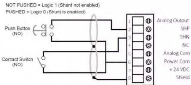 NOT PUSHED = Logic 1 (Shunt not enabled) PUSHED = Logic 0 (Shunt is enabled) Push Button (NO) Contact Switch (NO) 1 2 3 4 5 6 7 8 Analog Output SHP SHN NC Analog Com Power Com + 24 VDC Shield