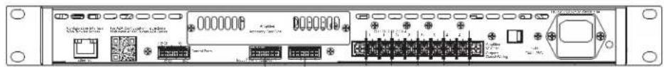 Front panel of a network equipment module with labeled ports, connectors, and status indicators