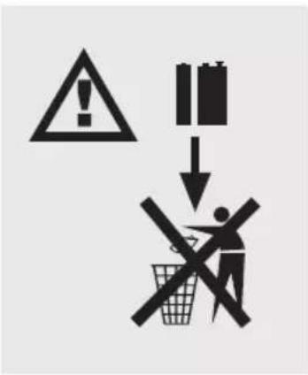 Warning symbol with warning triangle, battery, and crossed-out trash bin, indicating hazardous or uncorrected items
