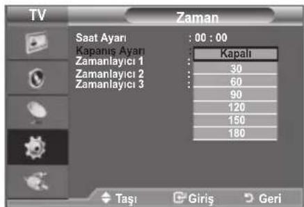 TV Zaman Saat Ayarı : 00 : 00 Kapanış Ayarı Kapalı Zamanlayıcı 1 Zamanlayıcı 2 30 Zamanlayıcı 3 60 90 120 150 180 Taşı Giriş Geri
