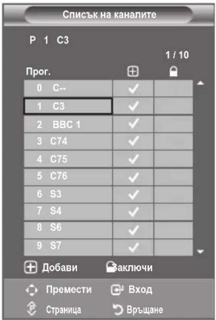 Списък на каналите P 1 C3 1 / 10 Прог. 0 C-- 1 C3 2 BBC 1 3 C74 4 C75 5 C76 6 S3 7 S4 8 S6 9 S7 Добави Заключи Премести Страница Вход Връщане