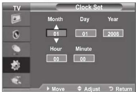 TV Clock Set Month Day Year 01 01 2008 Hour Minute 00 00 Move Adjust Return