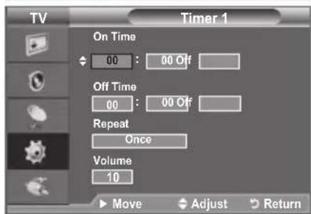 TV Timer 1 On Time 00 : 00 Off Off Time 00 : 00 Off Repeat Once Volume 10 Move Adjust Return