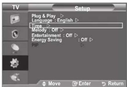 TV Setup Plug & Play ▷ Language : English ▷ Time ▷ Melody : Off ▷ Entertainment : Off ▷ Energy Saving : Off ▷ PIP ▷ Move Enter Return