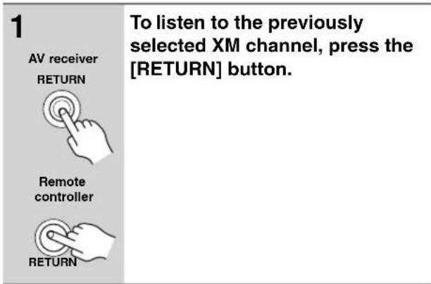 1 AV receiver RETURN Remote controller RETURN To listen to the previously selected XM channel, press the [RETURN] button.