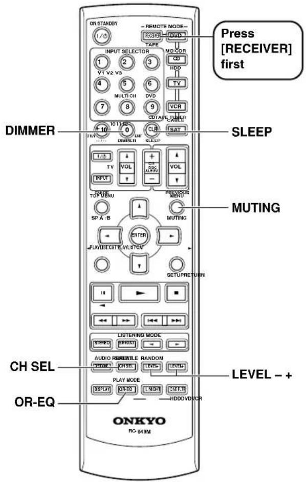 ON STANDBY 1/3 REMOTE MODE E33/50 DVD TAPE INPUT SELECTOR 1 2 3 MD-COR V1 V2 V3 HDD 4 5 6 TV MULTI CH DVD VCR 7 8 9 CDT AND TURRY R 10 11 12 13 CUR ISAT DIMMER SLEEP MINING LIMMAR SLEEP TV VOL CH DSC MUSH OUTPUT PREVIOUS MENU SP A / B MUTING ENTER PLAY/ST/CATE &/AT/S/CAT SETUPRETUION LISTERING MODE STRED FROOD AUDIO REURABLE RANDOM MODE OR/SE LEVEL LEVEL+ PLAY MODE DISPLAY OR/EO NORD CUFE'S HIDD/DVD/KR CH SEL OR-EQ LEVEL - + ONKYO RC 649M