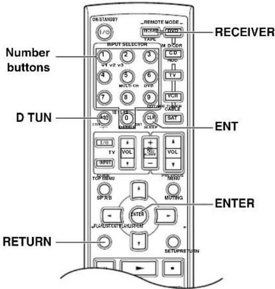 Number buttons D TUN RETURN ON-STANDBY REMOTE MODE_ TAPLE R-PRD LWDL RECEIVER INPUT SELECTOR M. DCDR 1 2 3 V1 v2 v3 4 5 6 MULTI CH DVD 7 8 9 INT 10 0 CRL SATE ENT VOL VOL INPUT TOP MENU SP A/B ENTER MUTING PLAYLISTCAT PLAYLISTCAT SETUPRETURN