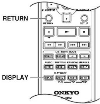 RETURN RETURN SETUP LISTENING MODE STREO BASIC AUDIO SUBTITLE RANDOM REPEAT RANGE CHASEL LEVEL FUEL PLAY MODE RISK KEY OR-REQ LIGHT LIME VCR DVD HDD ONKYO MIL-045M