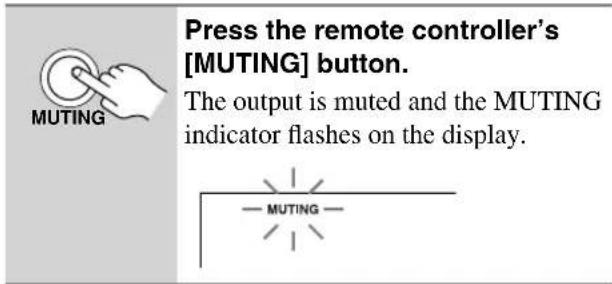 Press the remote controller's [MUTING] button. The output is muted and the MUTING indicator flashes on the display.