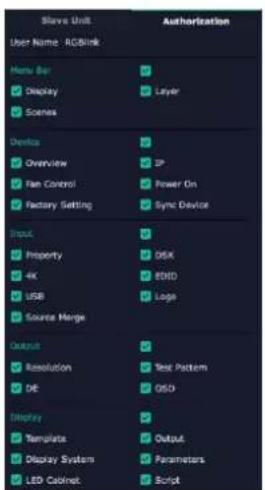Slave Unit Layer Name: AGBlink Menu Bar Display Scenes Device Overview Fan Control Factory Setting Sync Device Input Property 4K USB Source Merge Output Resolution DE Display Templates Display System LED Cabinet Authorization Layer 3P Power On Sync Device OSK EVID Logic Text Pattern OSO Output Parameters Script
