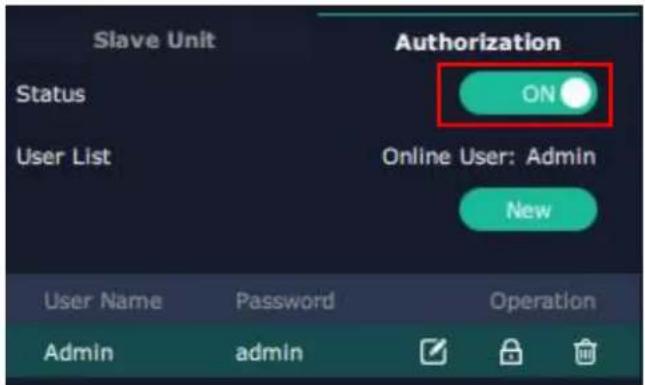 Slave Unit Status User List Authorization ON Online User: Admin New User Name Password Operation Admin admin