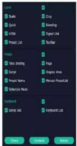 Layer Scale Quick H364 Preset List Crop Blending Signal List Toolbar Preset Take Setting Script Preset Name Schedule Mode Page Display Area Manual-PresetList Keyboard Script Set Keyboard List Check Incheck Return