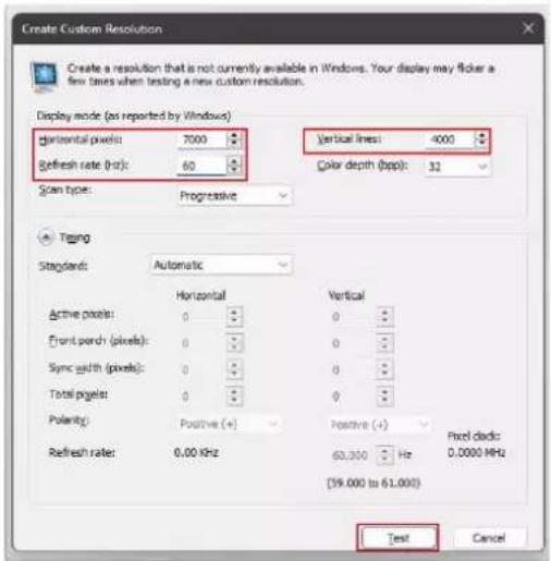 Create Custom Resolution Create a resolution that is not currently available in Windows. Your display may flicker a few taxes when testing a new custom resolution. Display mode (as reported by Windows) Horizontal pixels: 7000 Refresh rate (Hz): 60 Scan type: Progressive Vertical lines: 4000 Color depth (bpp): 32 Testing Standard: Automatic Horizontal Vertical Active pixels: 0 Front porch (pixels): 0 Sync width (pixels): 0 Total pixels: 0 Polarity: Positive (+) Positive (+) Pixel clock: 0.0000 MHz Refresh rate: 0.00 kHz 60.300 Hz (39.000 to 61.000) Test Cancel