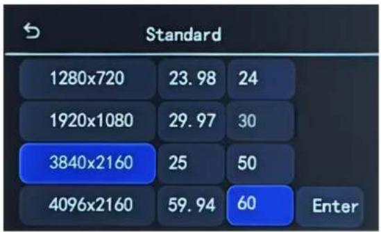 Standard 1280x720 23.98 24 1920x1080 29.97 30 3840x2160 25 50 4096x2160 59.94 60 Enter