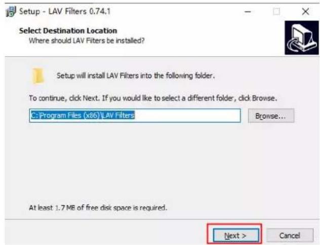 Setup - LAV Filters 0.74.1 Select Destination Location Where should LAV Filters be installed? Setup will install LAV Filters into the following folder. To continue, click Next. If you would like to select a different folder, click Browse. C:\Program Files (x86)\LAV Filters Browse... At least 1.7 MB of free disk space is required. Next >