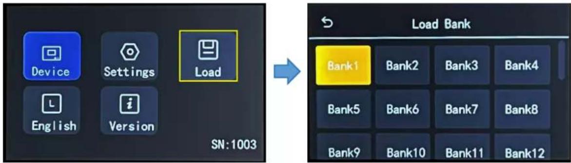 Device Settings Load English Version SN:1003 Load Bank Bank1 Bank2 Bank3 Bank4 Bank5 Bank6 Bank7 Bank8 Bank9 Bank10 Bank11 Bank12