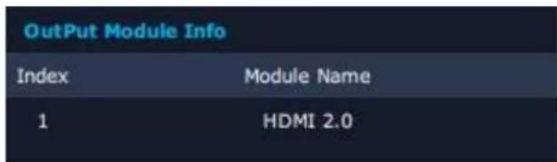 OutPut Module Info Index Module Name 1 HDMI 2.0