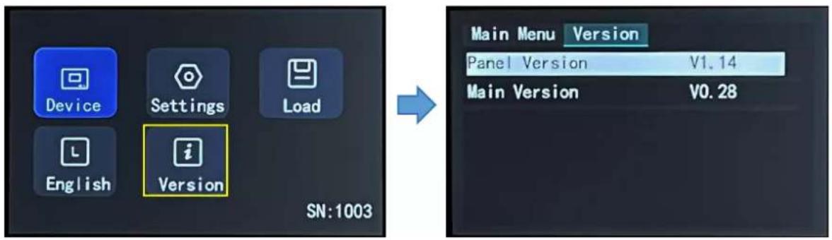 Device Settings Load English i Version SN:1003 Main Menu Version Panel Version V1.14 Main Version V0.28