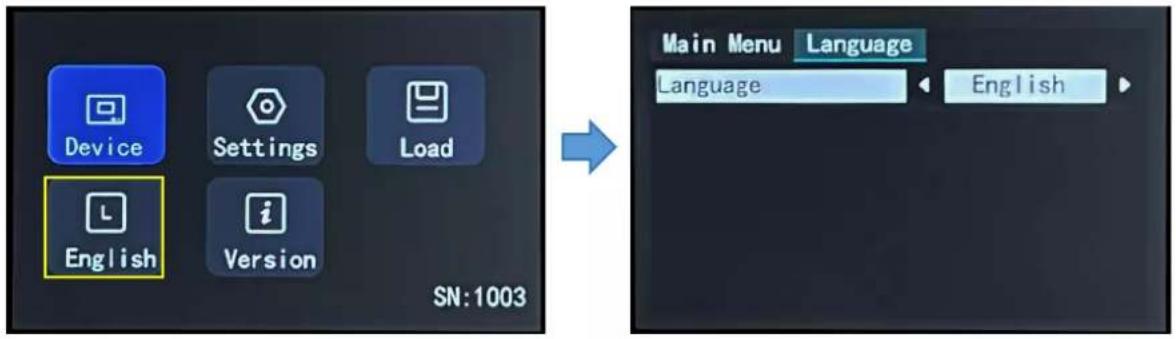 Device Settings Load English Version SN:1003 Main Menu Language Language English