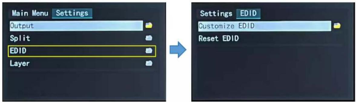 Main Menu Settings Output Split EDID Layer Settings EDID Customize EDID Reset EDID
