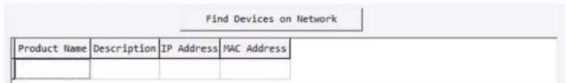 Find Devices on Network Product Name Description IP Address MAC Address _______________________________ _______________________________ _______________________________