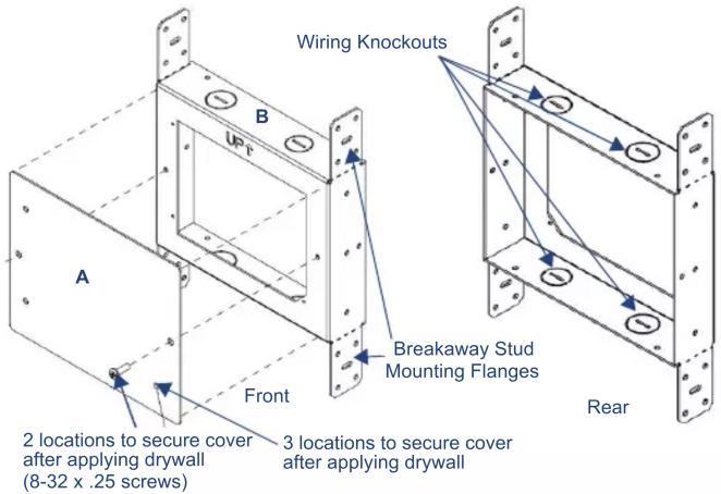 Wiring Knockouts B up A Front Breakaway Stud Mounting Flanges Rear 2 locations to secure cover after applying drywall (8-32 x .25 screws) 3 locations to secure cover after applying drywall