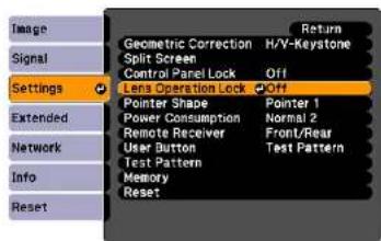 Settings Geometric Correction H/V-Keystone Split Screen Off Control Panel Lock Lens Operation Lock Off Pointer Shape Pointer 1 Power Consumption Normal 2 Remote Receiver Front/Rear User Button Test Pattern Test Pattern Memory Reset