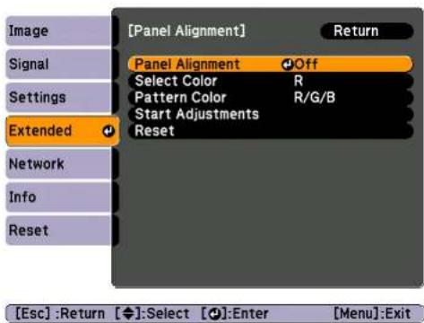 [Panel Alignment] Return Image Signal Settings Extended Network Info Reset Panel Alignment Off Select Color R Pattern Color R/G/B Start Adjustments Reset [Esc] :Return [◆]:Select [●]:Enter [Menu]:Exit