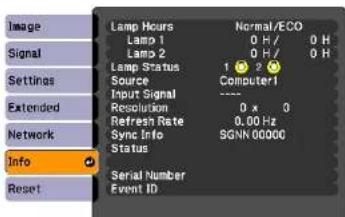 Image Signal Settings Extended Network Info Reset Lamp Hours Normal/ECO Lamp 1 0 H / 0 H Lamp 2 0 H / 0 H Lamp Status 1 2 Source Computer1 Input Signal ---- Resolution 0 x 0 Refresh Rate 0.00 Hz Sync Info SGNN 00000 Status Serial Number Event ID