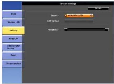 Network settings Basic Wireless LAN Security Mixed LAN Administrator Setting Reset Setup complete Security MFA/MFA2-PSK CAP Method Passupress NetRet