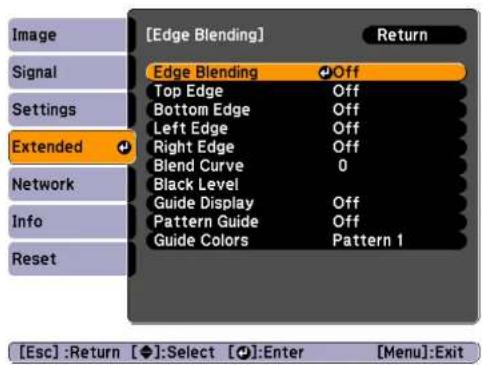 [Edge Blending] Return Edge Blending Off Top Edge Off Bottom Edge Off Left Edge Off Right Edge Off Blend Curve 0 Black Level Guide Display Off Pattern Guide Off Guide Colors Pattern 1 [Esc] :Return [◆]:Select [●]:Enter [Menu]:Exit