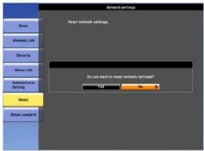 Network settings Reset network settings. Do you want to reset network settings? Yes No Basic Wireless LAN Security Worst LAN Administrator Setting Reset Below complete