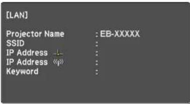 [LAN] Projector Name : EB-XXXXX SSID : IP Address ↓ : IP Address (φ) : Keyword :