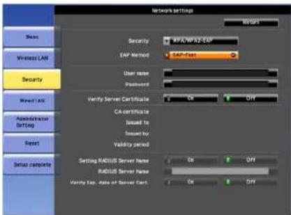 Network settings Security EAP Method SAP-Test User name Password Verify Server Certificate CA certificate Issued to Issued by Validity period Setting RADIUS Server Name On Off RADIUS Server Name On Off Verify Exp. date of Server Cert