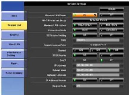 Network settings Basic Wireless LAN Security Mixed LAN Automatic or Setting Reset Status overview Wireless LAN Power Wi-Fi Projected Setup Wireless LAN system Connection Mode SSSD Auto Setting SSSD Search Access Point Channel SSSD Display DHCP IP Address Submit Mask Gateway Address IP Address Display Region Code To Search View 100 600 1100 Off Off Off Off Off Off Off Off Off Off Off