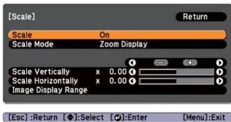 [Scale] Return Scale On Scale Mode Zoom Display Scale Vertically x 0.00 Scale Horizontally x 0.00 Image Display Range [Esc] :Return [◆]:Select [●]:Enter [Menu]:Exit