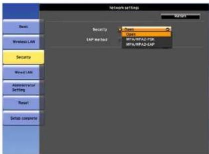 Network settings Security Open EAP Method MFA/BFA2-PSK MFA/BFA2-EAP Security Fixed LAN Administrator Setting Reset Setup complete