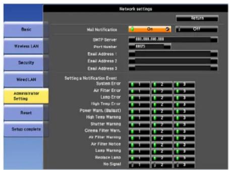 Network settings Basic Wireless LAN Security Wired LAN Administrator Setting Reset Setup complete Mail Notification SMTP Server 600,089,500,089 Port Number 68025 Email Address 1 Email Address 2 Email Address 3 Setting a Notification Event System Error Air Filter Error Loop Error High Temp Error Power Marks (Ballust) High Tinto Marang Shutter Marang Camera Filter Marks. Air Filter Marang Air Filter Notice Loop Marang Replace Loop No Signal OK Off 1 2 3 1 2 3 1 2 3 1 2 3 1 2 3 1 2 3 1 2 3 1 2 3 1 2 3