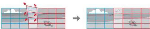 Diagram illustrating a transformation from a grid-based object to a simplified view of a boat on water, with directional arrows and grid lines.