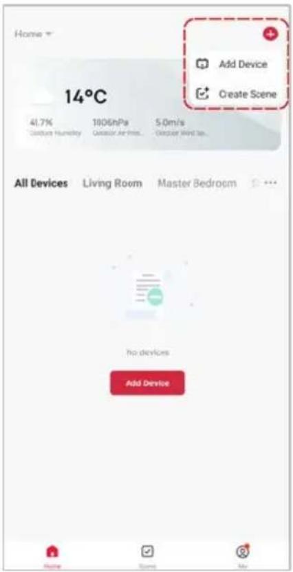 Home 14°C 41.7% Custom Humidity 1806nPa Outdoor Air Press... 5.0m/s Outdoor Wind Up... Add Device Create Scene All Devices Living Room Master Bedroom No devices Add Device Name Spot My