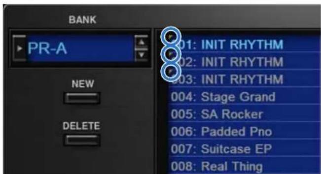 BANK PR-A NEW DELETE 01: INIT RHYTHM 02: INIT RHYTHM 03: INIT RHYTHM 004: Stage Grand 005: SA Rocker 006: Padded Pno 007: Suitcase EP 008: Real Thing